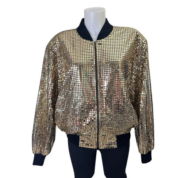 Monaliza Vintage 80’s Sparkling Gold Bling Full Zip  bomber Jacket size M/L - Picture 1 of 9